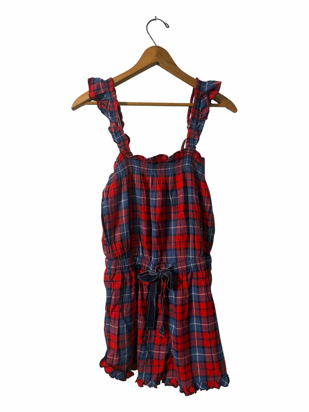 Cozy Plaid Aerie Sleep Romper M NWT Ruffle Strap Smocked Pajamas